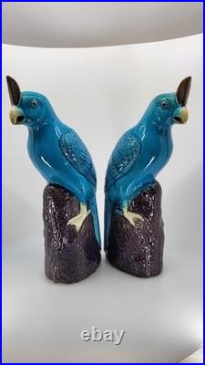 Vintage Chinese Turquoise Cockatoo Parrot Figurines Pair 14 PRC Ceramic Marked
