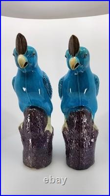 Vintage Chinese Turquoise Cockatoo Parrot Figurines Pair 14 PRC Ceramic Marked