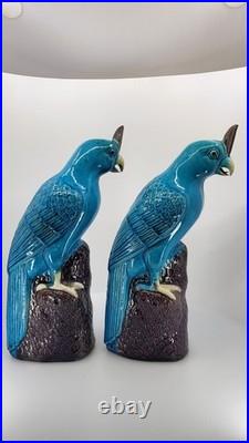 Vintage Chinese Turquoise Cockatoo Parrot Figurines Pair 14 PRC Ceramic Marked