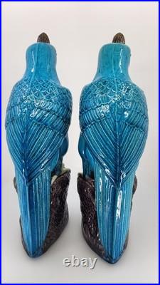 Vintage Chinese Turquoise Cockatoo Parrot Figurines Pair 14 PRC Ceramic Marked