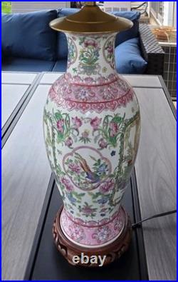 Vintage Chinoiserie Porcelain Table Lamp Hand Painted Hong Kong Floral Bird 32