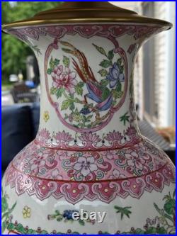Vintage Chinoiserie Porcelain Table Lamp Hand Painted Hong Kong Floral Bird 32
