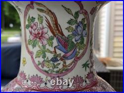 Vintage Chinoiserie Porcelain Table Lamp Hand Painted Hong Kong Floral Bird 32