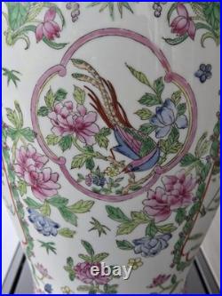 Vintage Chinoiserie Porcelain Table Lamp Hand Painted Hong Kong Floral Bird 32