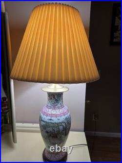 Vintage Chinoiserie Porcelain Table Lamp Hand Painted Hong Kong Floral Bird 32
