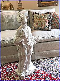 Vintage Chinoiserie Tall White Porcelain Oriental Lady Statue, Bustle & Bird
