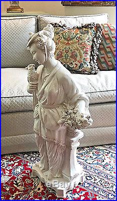 Vintage Chinoiserie Tall White Porcelain Oriental Lady Statue, Bustle & Bird