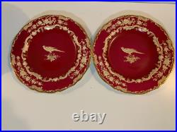 Vintage Copeland Spode Porcelain Pair of Red Plates with Bird & Gold Floral Dec