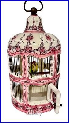 Vintage French Faince Porcelain Ceramic Birdcage Ceiling Hanging With Bird