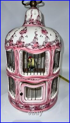 Vintage French Faince Porcelain Ceramic Birdcage Ceiling Hanging With Bird