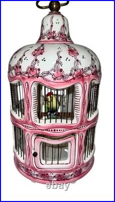 Vintage French Faince Porcelain Ceramic Birdcage Ceiling Hanging With Bird