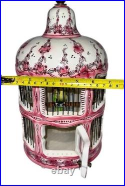 Vintage French Faince Porcelain Ceramic Birdcage Ceiling Hanging With Bird