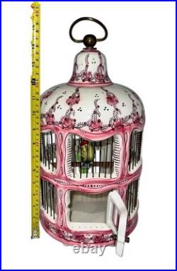 Vintage French Faince Porcelain Ceramic Birdcage Ceiling Hanging With Bird
