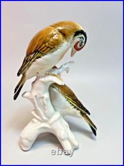 Vintage German Karl Ens Porcelain Figurine Group Goldfinch Birds Perched Branch