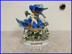 Vintage Hand Painted Floral & Parakeet Bird Sculpture with Wood Base