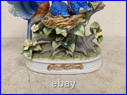 Vintage Hand Painted Floral & Parakeet Bird Sculpture with Wood Base