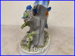 Vintage Hand Painted Floral & Parakeet Bird Sculpture with Wood Base