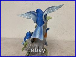 Vintage Hand Painted Floral & Parakeet Bird Sculpture with Wood Base