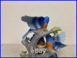 Vintage Hand Painted Floral & Parakeet Bird Sculpture with Wood Base
