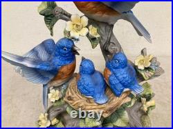 Vintage Hand Painted Floral & Parakeet Bird Sculpture with Wood Base