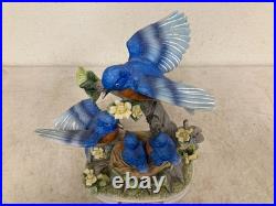 Vintage Hand Painted Floral & Parakeet Bird Sculpture with Wood Base