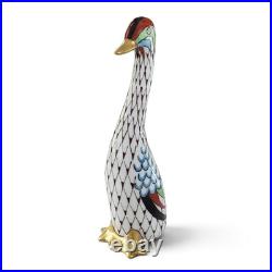 Vintage Hollohaza Hungary Fishnet Goose Porcelain Figurine Hand Painted Gold