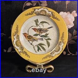 Vintage Hua Rong Tang Zhi Hand Painted Porcelain 10.5 Bird Plate with Brass Stand