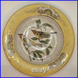 Vintage Hua Rong Tang Zhi Hand Painted Porcelain 10.5 Bird Plate with Brass Stand