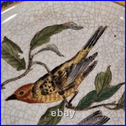 Vintage Hua Rong Tang Zhi Hand Painted Porcelain 10.5 Bird Plate with Brass Stand