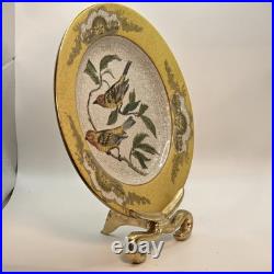 Vintage Hua Rong Tang Zhi Hand Painted Porcelain 10.5 Bird Plate with Brass Stand