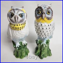 Vintage Italian Porcelain Owl Figurines Hand Painted Signed 5 Tall Set of 2