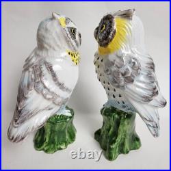 Vintage Italian Porcelain Owl Figurines Hand Painted Signed 5 Tall Set of 2