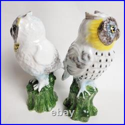 Vintage Italian Porcelain Owl Figurines Hand Painted Signed 5 Tall Set of 2