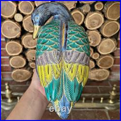 Vintage Large Porcelain Hand Painted Duck Figurine Bird Statue Blue Green Yellow