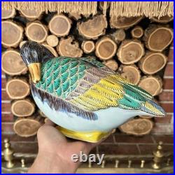 Vintage Large Porcelain Hand Painted Duck Figurine Bird Statue Blue Green Yellow