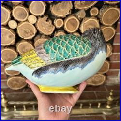 Vintage Large Porcelain Hand Painted Duck Figurine Bird Statue Blue Green Yellow