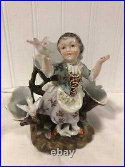 Vintage MEISSEN PORCELAIN Statue Figurine Vase LADY with BIRDS colorful ANTIQUE