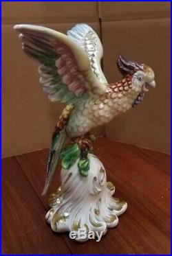 Vintage Majolica Bird Statue -Colorful Cockatoo Red Neck & Feathers 9x7