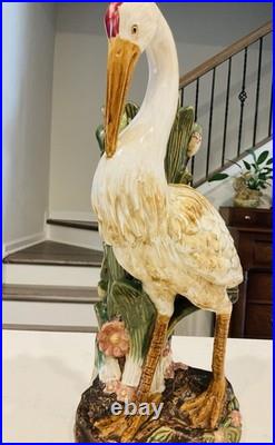 Vintage Majolica Large Heron Marsh Bird Porcelain Vase Statue 17 1/2 Inches Tall