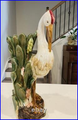 Vintage Majolica Large Heron Marsh Bird Porcelain Vase Statue 17 1/2 Inches Tall
