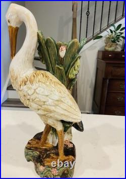Vintage Majolica Large Heron Marsh Bird Porcelain Vase Statue 17 1/2 Inches Tall