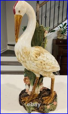 Vintage Majolica Large Heron Marsh Bird Porcelain Vase Statue 17 1/2 Inches Tall