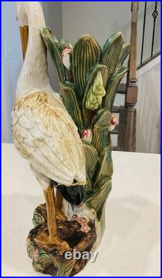 Vintage Majolica Large Heron Marsh Bird Porcelain Vase Statue 17 1/2 Inches Tall
