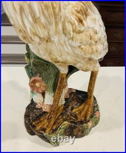 Vintage Majolica Large Heron Marsh Bird Porcelain Vase Statue 17 1/2 Inches Tall