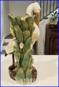Vintage Majolica Large Heron Marsh Bird Porcelain Vase Statue 17 1/2 Inches Tall