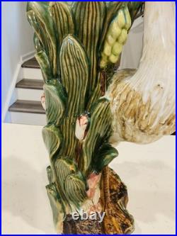 Vintage Majolica Large Heron Marsh Bird Porcelain Vase Statue 17 1/2 Inches Tall