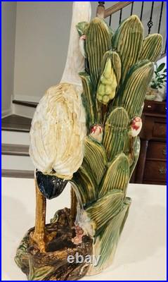 Vintage Majolica Large Heron Marsh Bird Porcelain Vase Statue 17 1/2 Inches Tall