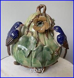 Vintage Majolica Shiwan Wucai Pottery BlueBird Gourd Pumpkin Squash Thanksgiving