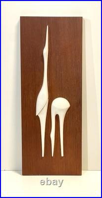 Vintage Mid Century Teak & Porcelain Peter Muller Heron Birds Wall Art Sculpture