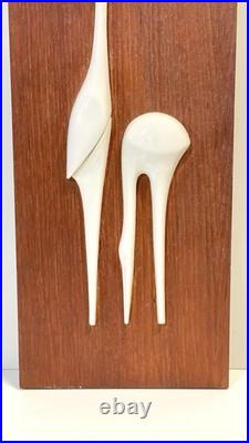 Vintage Mid Century Teak & Porcelain Peter Muller Heron Birds Wall Art Sculpture